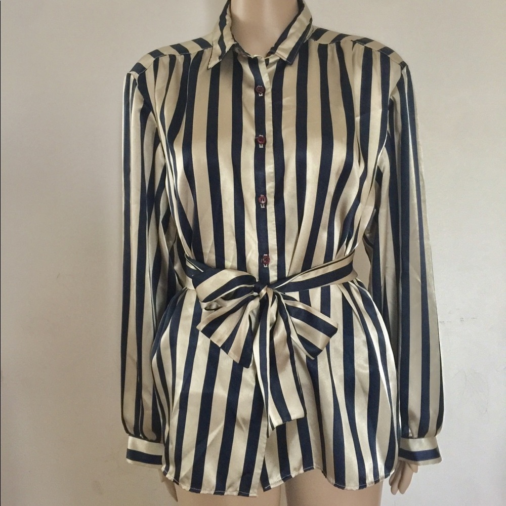 Silk Striped Long Sleeves Bottom Up Top Blouse